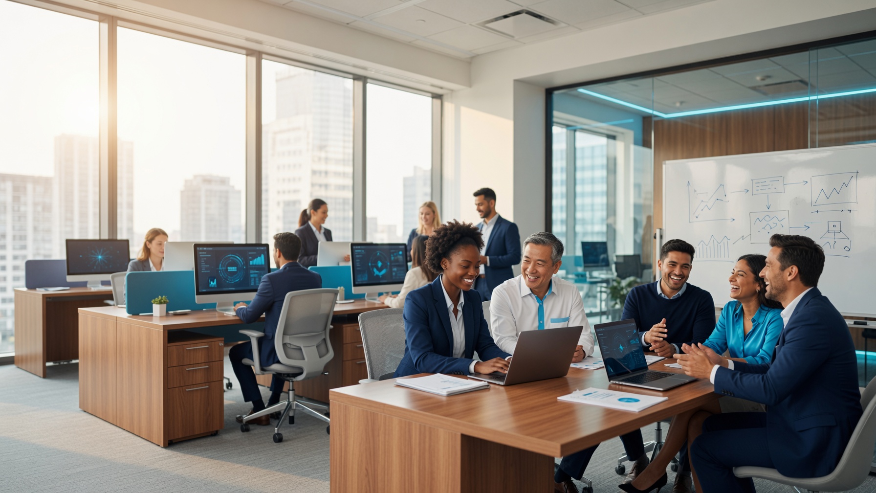 Quogent team collaborating in a modern office